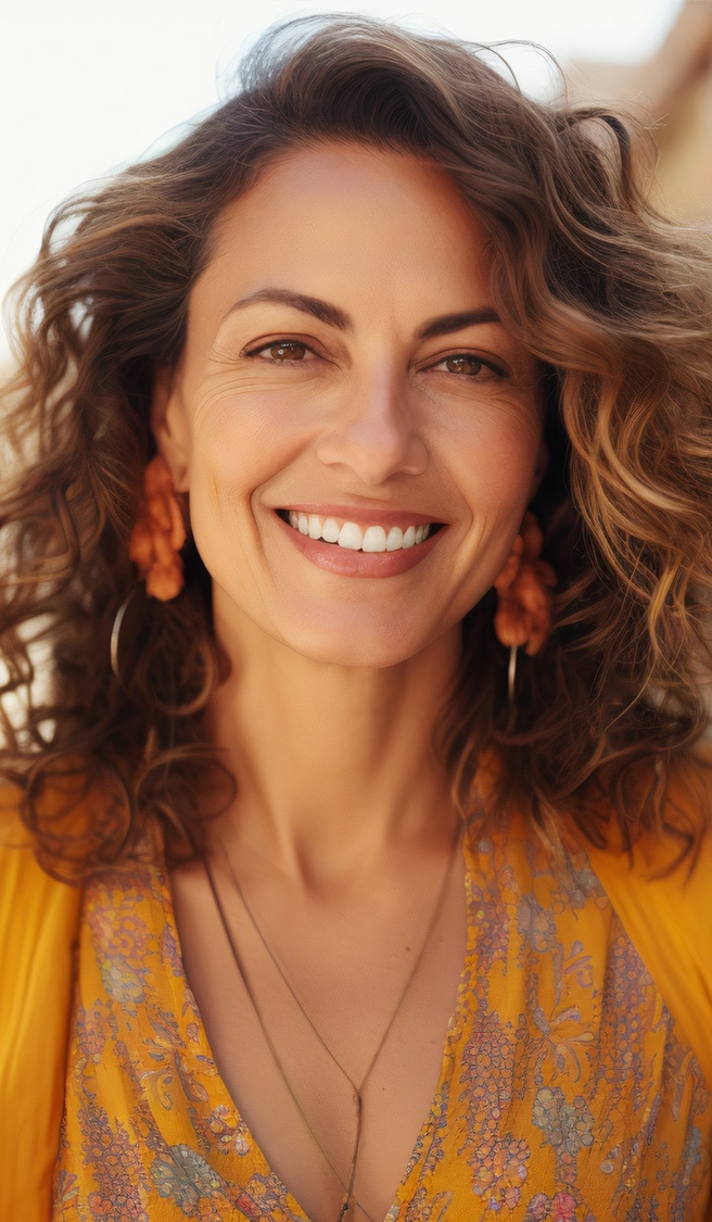 Portrait of a confident, smiling middle-aged Hispanic woman in her 40s or 50s, radiating positivity outdoors