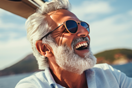 Portrait of happy senior man laughing smiling while sailing a boat in Italy or on vacation
